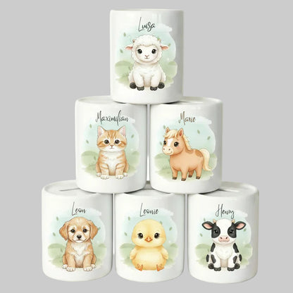 Spardose Tiere personalisiert mit Namen | Kinderspardose Bauernhof | Geschenk Geburt Taufe Geburtstag Weihnachten