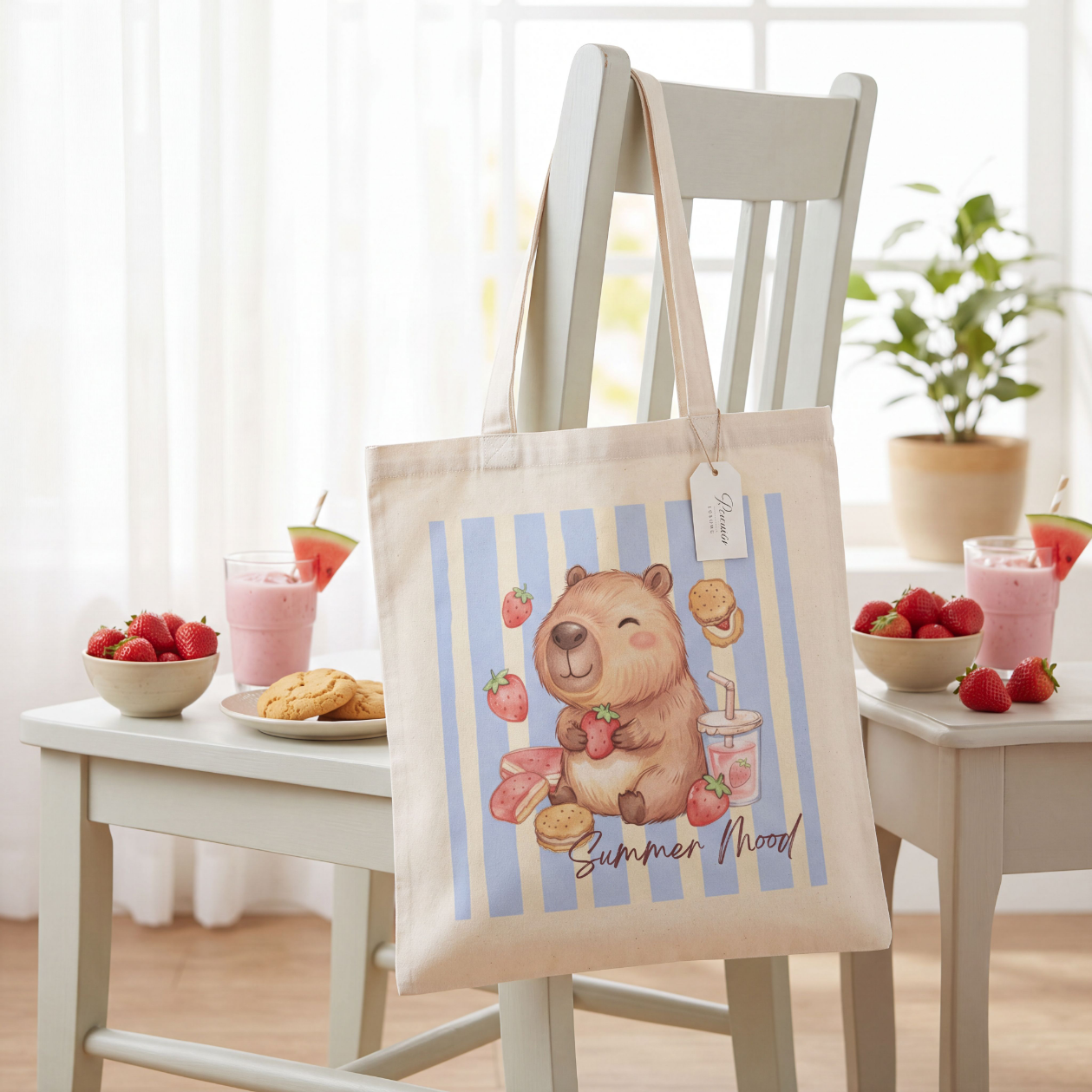 Capybara Stofftasche aus hochwertiger Baumwolle mit niedlichem Capybara zwischen Erdbeeren im sommerlichen Streifen-Design. Süßer Stoffbeutel Damen als Einkaufstasche, Tragetasche oder Baumwolltasche für Alltag, Shopping, Urlaub und Freizeit. Perfekt als Capybara Tasche, Capybara Geschenk oder Geschenk für Capybara Fans und Tierliebhaber. Robuster Stoffbeutel mit hochwertigem Druck, langen Henkeln und modernem Sommermotiv – ideal als nachhaltige Einkaufstasche für Frauen und Jugendliche.