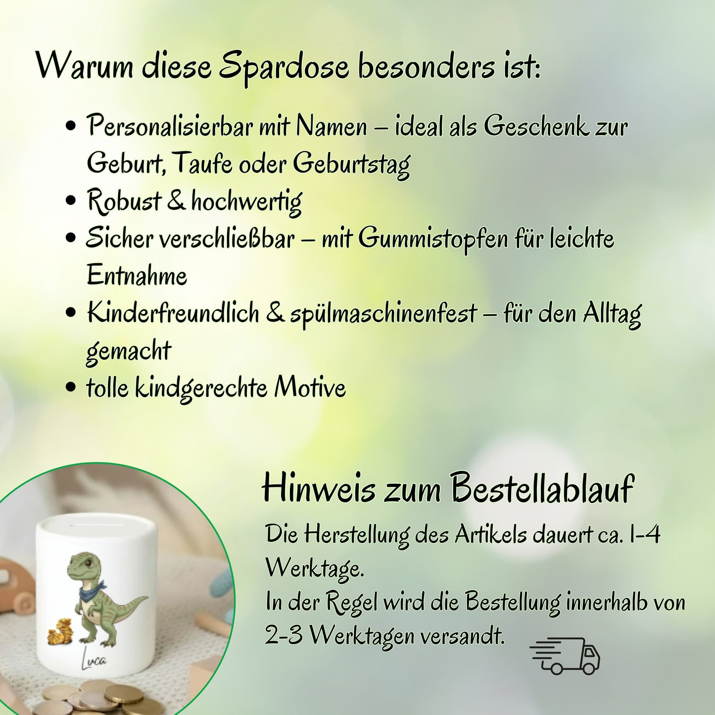 Spardose Dino personalisiert mit Namen | Kinderspardose Dinosaurier | Geschenk Geburt