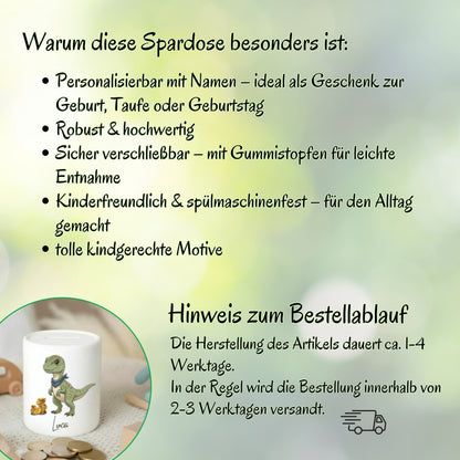 Spardose Dino personalisiert mit Namen | Kinderspardose Dinosaurier | Geschenk Geburt