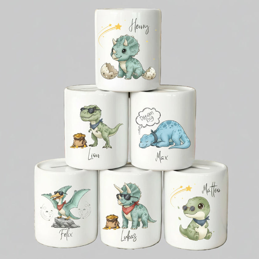 Spardose Dino personalisiert mit Namen | Kinderspardose Dinosaurier | Geschenk Geburt