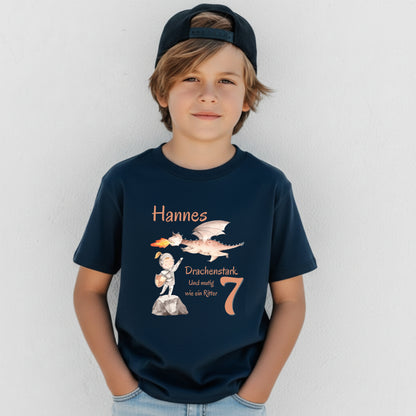 Geburtstagsshirt Drachen & Ritter mit Name & Zahl | Personalisiertes T-Shirt zum Kindergeburtstag