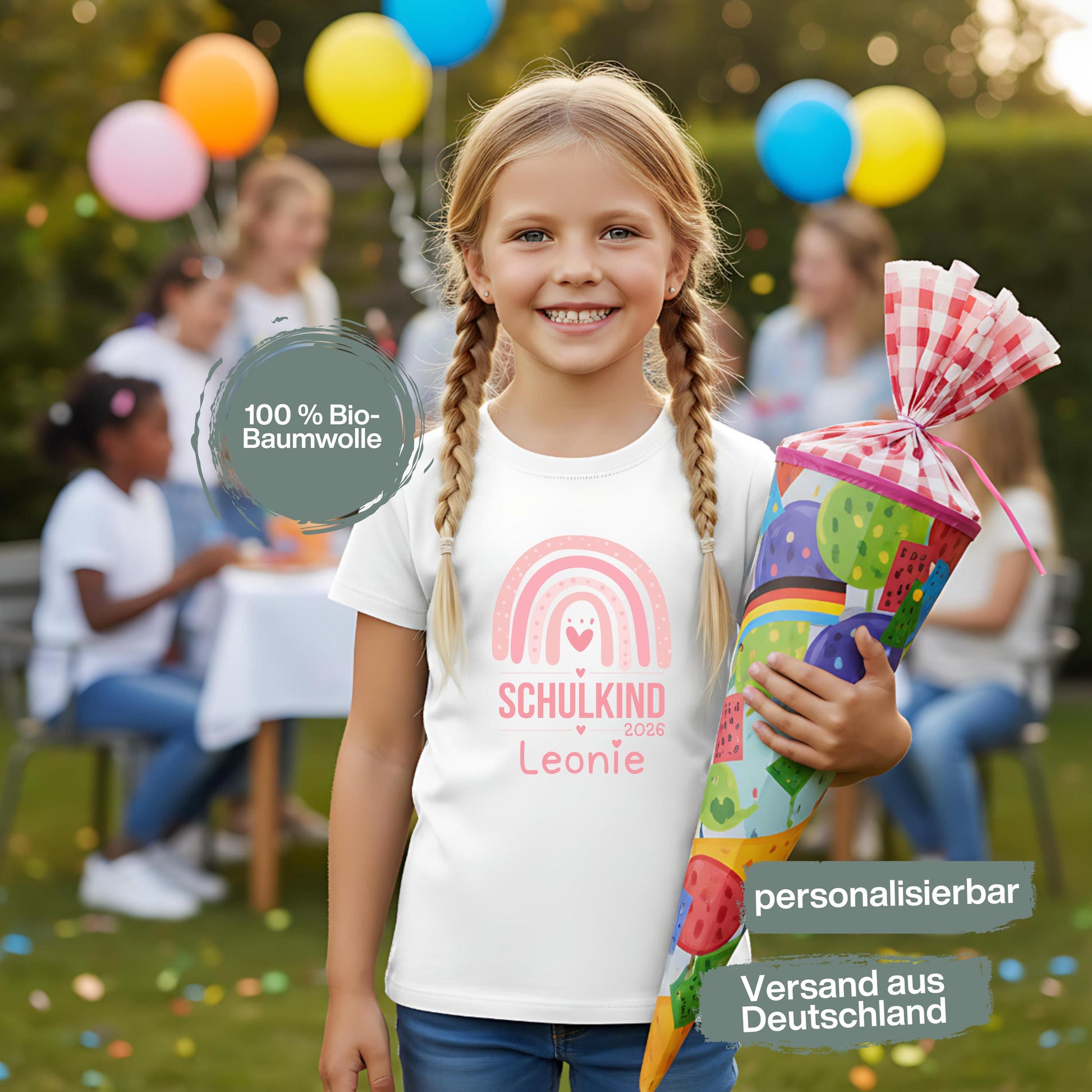 Personalisiertes Schulkind T‑Shirt 2026 mit Regenbogen Motiv und Name Leonie. Einschulung T‑Shirt aus Bio‑Baumwolle als Geschenk zum Schulanfang. Schulkind Shirt 2026 mit ruhigem Regenbogen Design, ideal für Einschulungsfeier, ersten Schultag und Schulstart. Hochwertiges Einschulungsshirt mit Name, langlebig und angenehm zu tragen. Schulanfang Geschenk, Schulkind Outfit 2026, T‑Shirt Einschulung personalisiert. T-Shirt Schulkind Regenbogen, Erstklässler T-Shirt, Schulanfang Geschenk Shirt