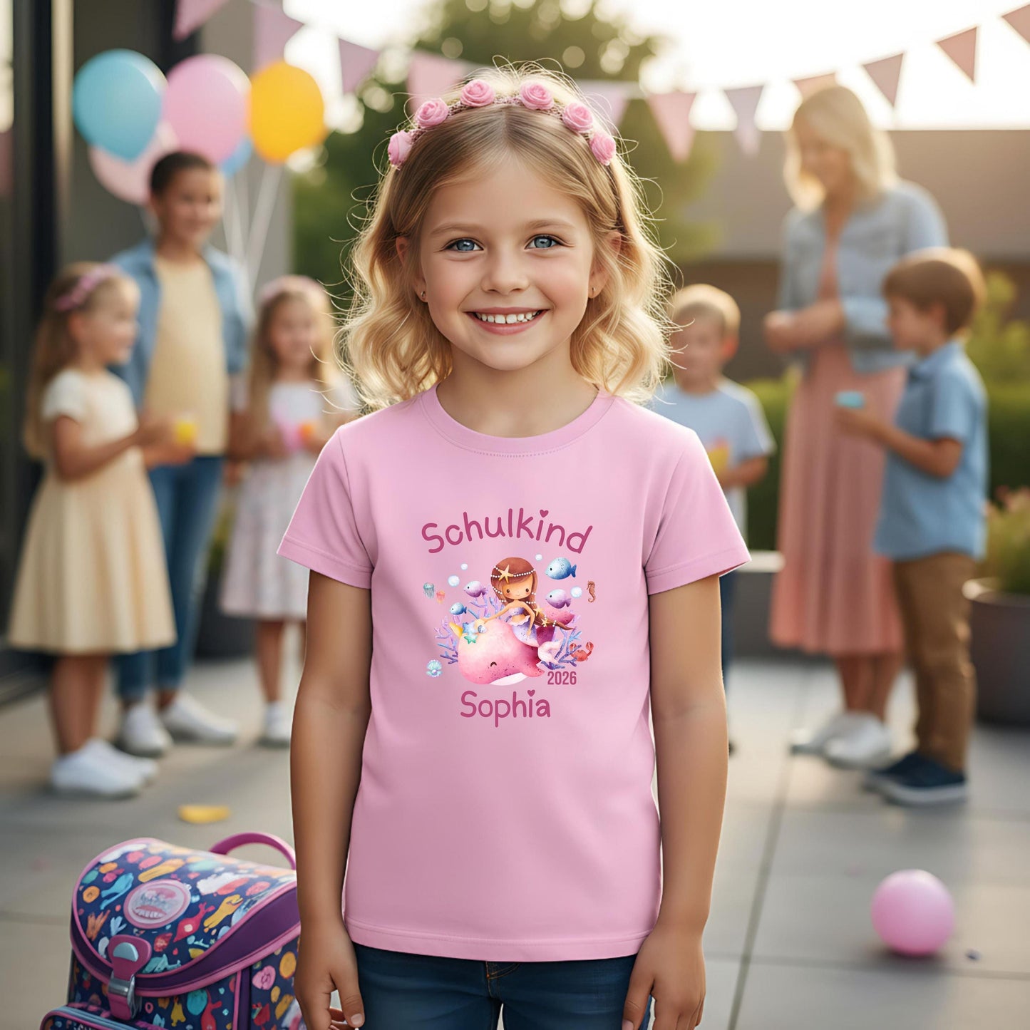 Personalisiertes Schulkind T-Shirt 2026 mit Meerjungfrau für Mädchen zur Einschulung. Einschulungsshirt mit Wal und Korallen, ideal als Geschenk zur Einschulung für Mädchen, Meerfans und kleine Träumerinnen. Erstklässler T-Shirt personalisiert mit Name und Jahr, geeignet für Einschulungsfeier, Kita-Abschied oder ersten Schultag. Hochwertiges Bio-Baumwolle T-Shirt als Schulanfang Geschenk oder Schultüten-Inhalt. Schulkind Outfit 2026, T-Shirt Schulkind Meerjungfrau 2026, Einschulungsshirt Mädchen