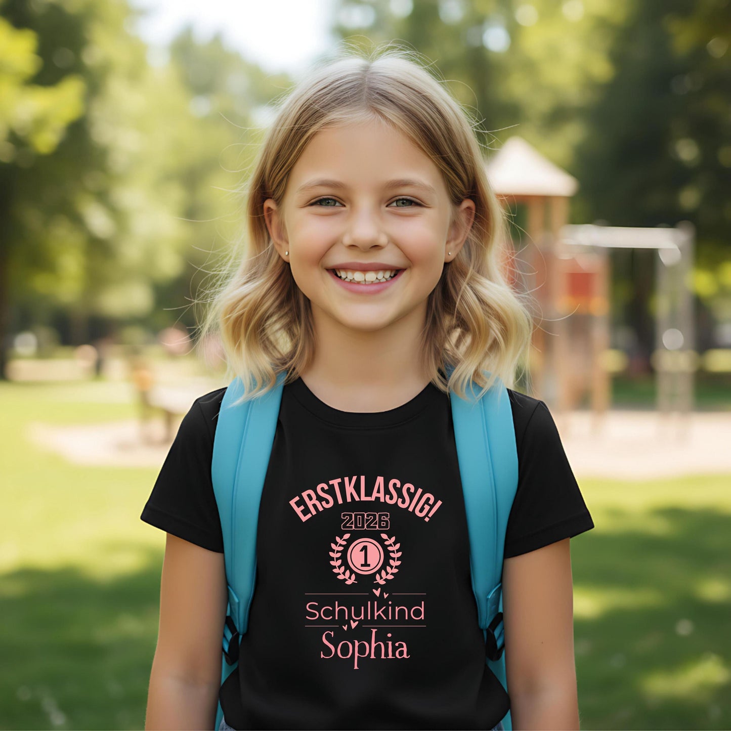 Personalisiertes Schulkind T-Shirt 2026 für Mädchen mit rosa Motiv „Erstklassig“, Einschulungsshirt mit Name, Bio-Baumwolle, perfekt als Geschenk zum Schulanfang 2026. Schulkind Shirt 1. Klasse, T-Shirt zur Einschulung, Zuckertüte Geschenk Mädchen, Erstklässler T-Shirt mit Jahreszahl, Lorbeerkranz und Zahl 1. Ideal als Einschulungsgeschenk, Abschied Kindergarten, Schulkind Outfit 2026 für Mädchen, T-Shirt Einschulungsfeier, Schulstart Kleidung mit Namen Erstklassig Schulkind T-Shirt 2026 Mädchen