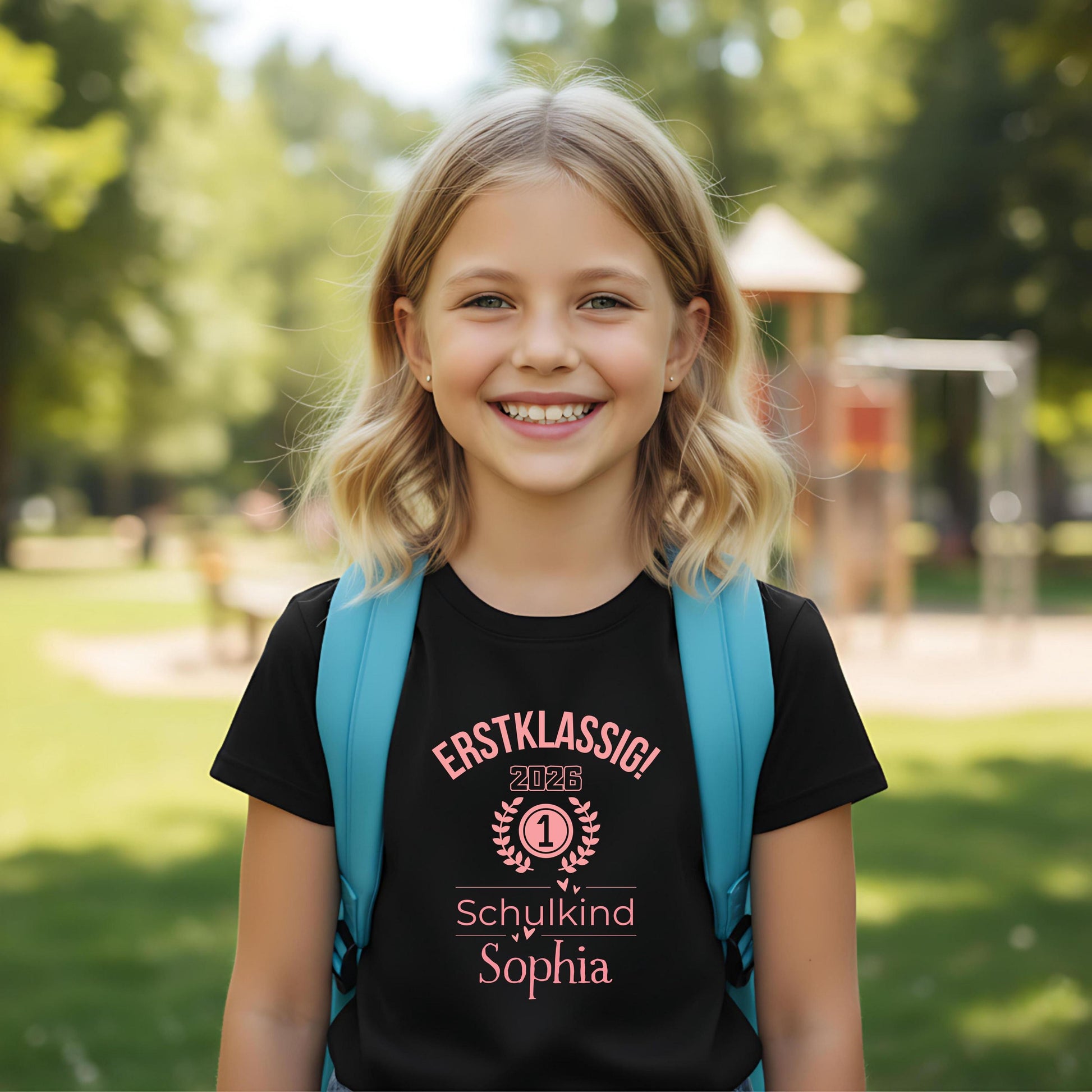 Personalisiertes Schulkind T-Shirt 2026 für Mädchen mit rosa Motiv „Erstklassig“, Einschulungsshirt mit Name, Bio-Baumwolle, perfekt als Geschenk zum Schulanfang 2026. Schulkind Shirt 1. Klasse, T-Shirt zur Einschulung, Zuckertüte Geschenk Mädchen, Erstklässler T-Shirt mit Jahreszahl, Lorbeerkranz und Zahl 1. Ideal als Einschulungsgeschenk, Abschied Kindergarten, Schulkind Outfit 2026 für Mädchen, T-Shirt Einschulungsfeier, Schulstart Kleidung mit Namen Erstklassig Schulkind T-Shirt 2026 Mädchen
