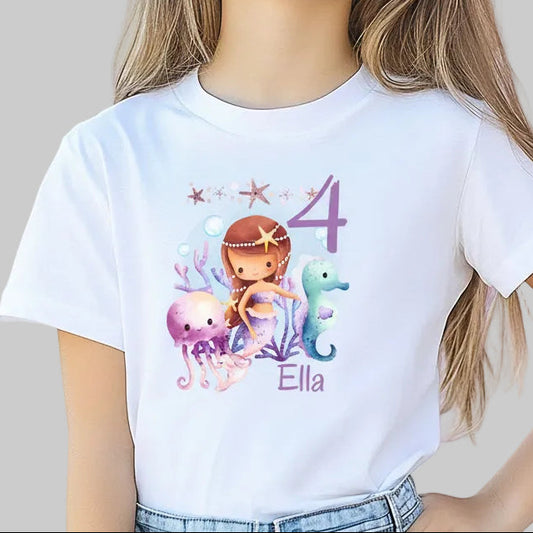Geburtstagsshirt Meerjungfrau mit Name & Zahl | Personalisiertes T-Shirt zum Kindergeburtstag