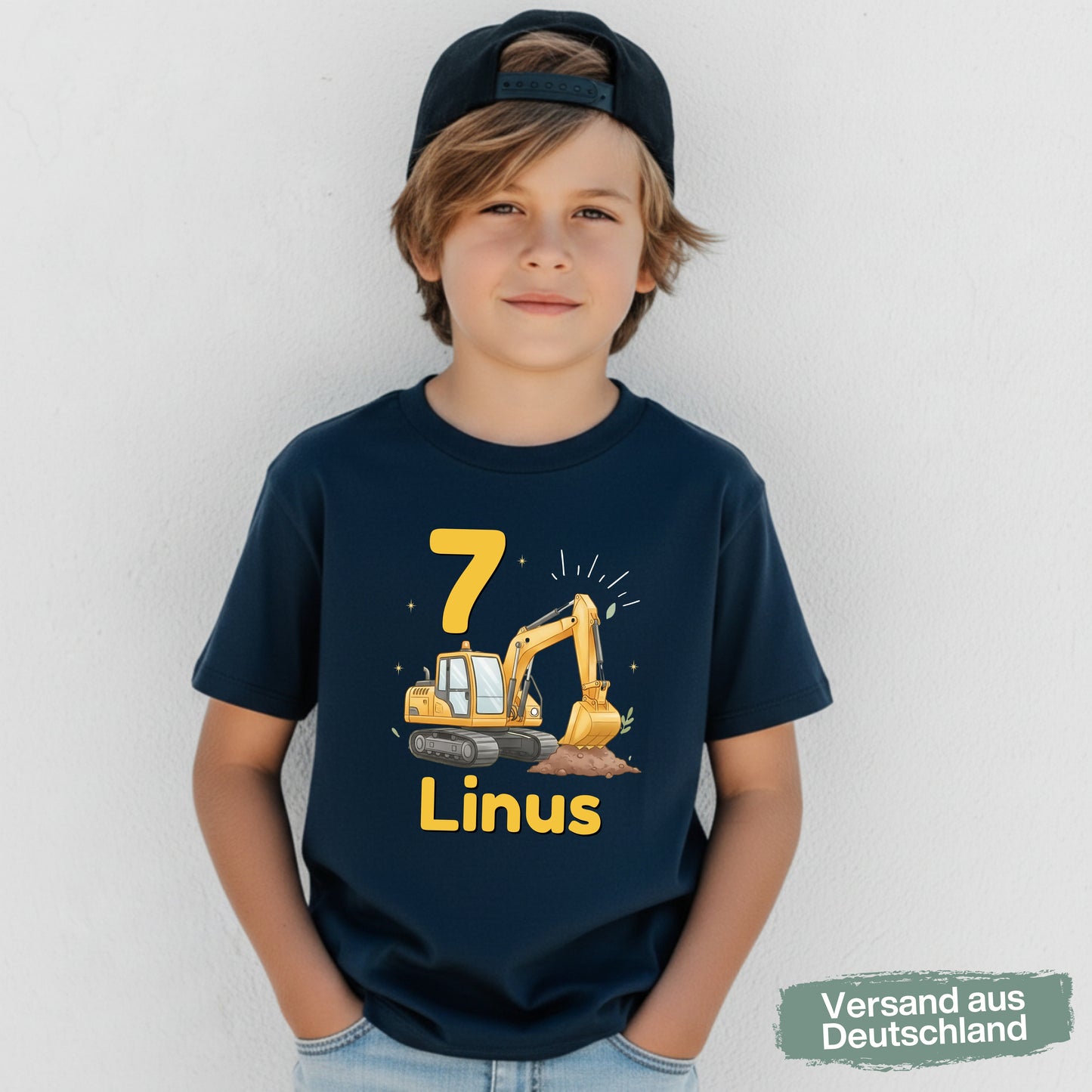 Geburtstagsshirt Bagger mit Name & Zahl | Personalisiertes T-Shirt zum Kindergeburtstag