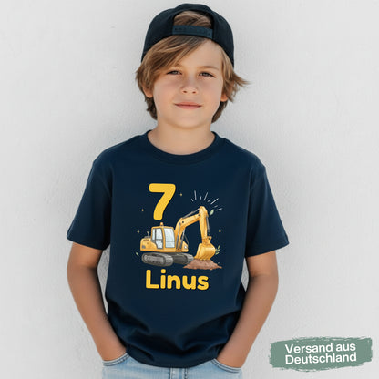 Geburtstagsshirt Bagger mit Name & Zahl | Personalisiertes T-Shirt zum Kindergeburtstag