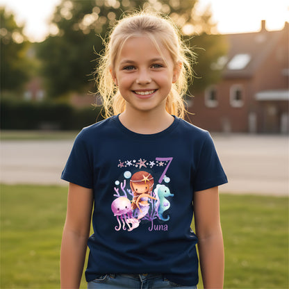 Geburtstagsshirt Meerjungfrau mit Name & Zahl | Personalisiertes T-Shirt zum Kindergeburtstag