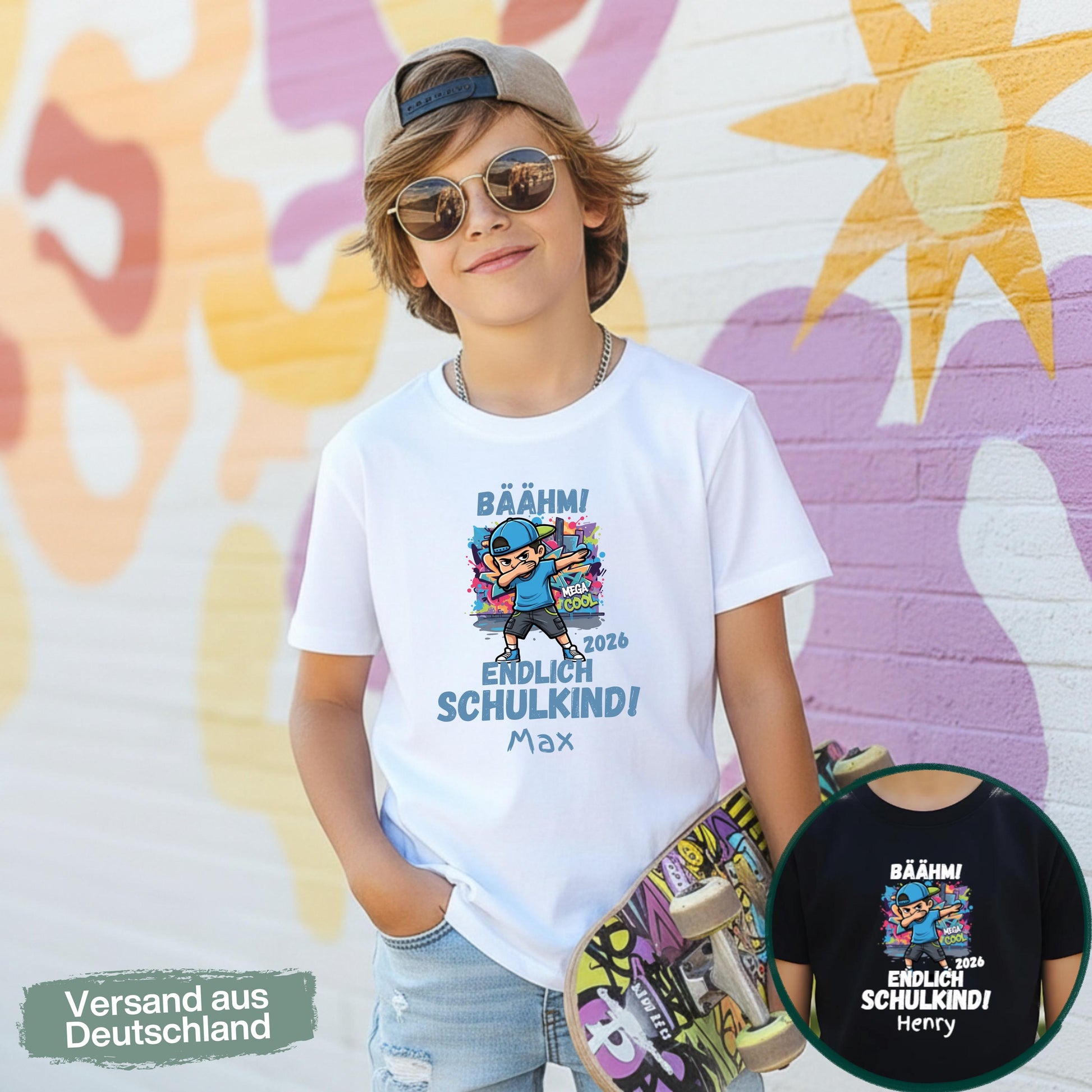 Personalisiertes Schulkind T-Shirt 2026 mit coolem Dabbing Jungen Motiv und Aufdruck „Endlich Schulkind“, gestaltet als modernes Einschulungsshirt für Jungen. Das Schulkind Shirt 2026 zeigt ein Kind und steht für Selbstbewusstsein, Freude und den Schulanfang. Ideal als Geschenk zur Einschulung, Schulanfang Geschenk oder Überraschung zum ersten Schultag. Perfektes Einschulung Outfit für Erstklässler, personalisierbar mit Name, geeignet für Schule, Einschulungsfeier oder erstes Klassenfoto.