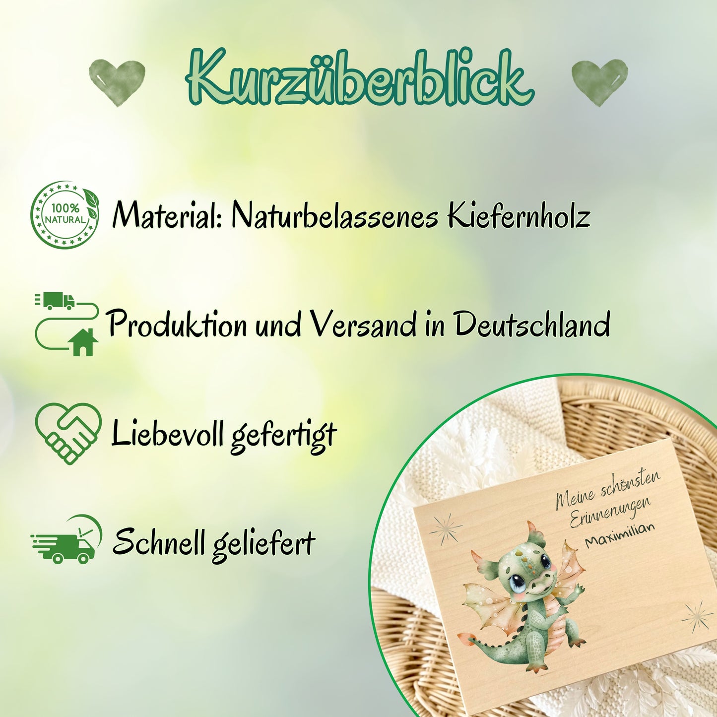 Holzkiste Kinder personalisiert mit Namen | Drachen Erinnerungskiste Geburt & Taufe