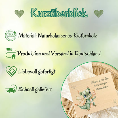 Holzkiste Kinder personalisiert mit Namen | Drachen Erinnerungskiste Geburt & Taufe