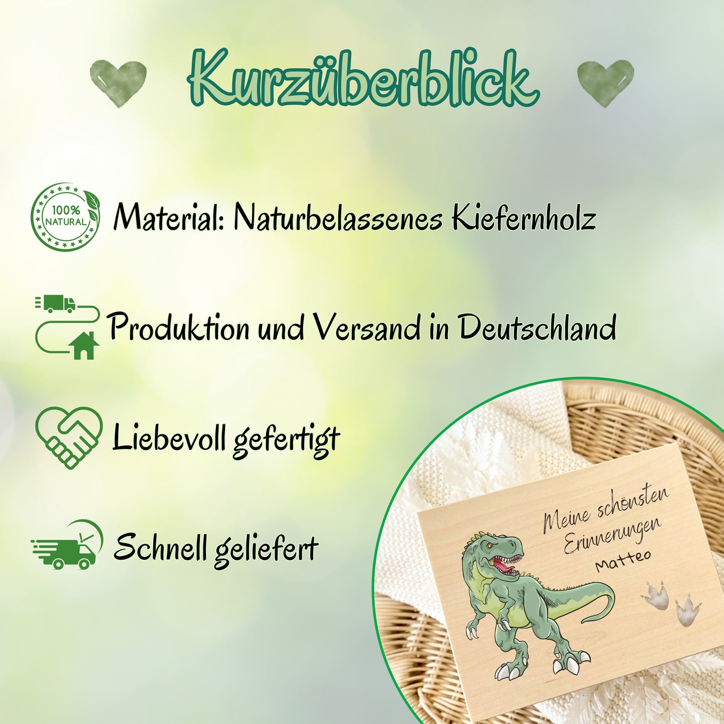 Holzkiste Kinder personalisiert mit Namen | Dino Erinnerungskiste Geburt & Taufe