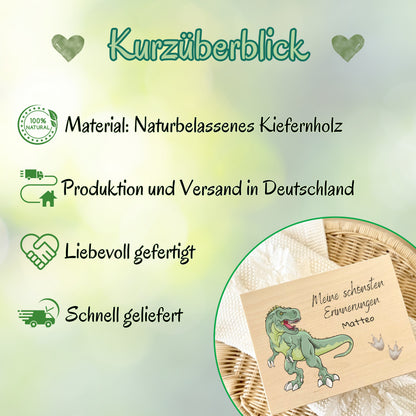 Holzkiste Kinder personalisiert mit Namen | Dino Erinnerungskiste Geburt & Taufe