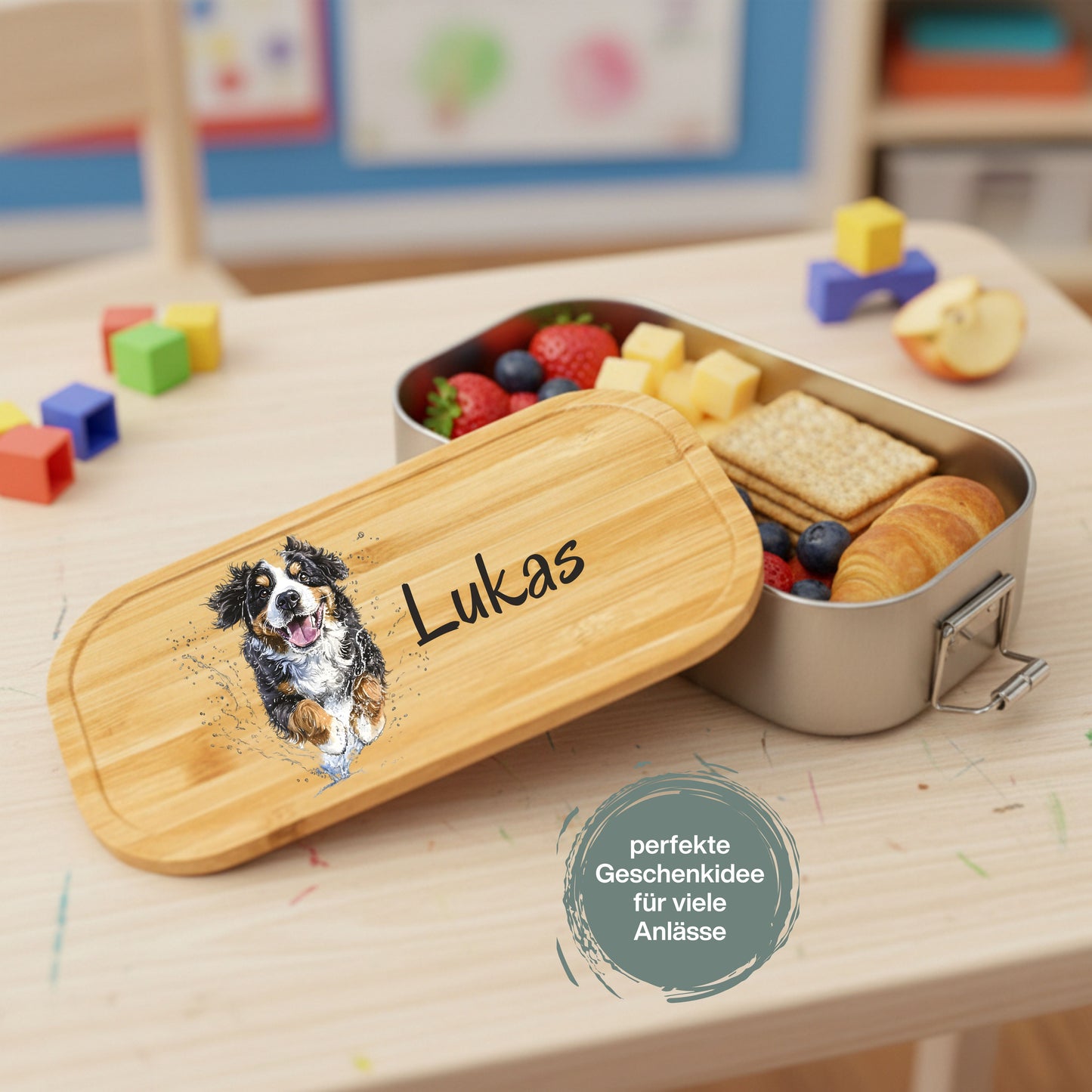 Personalisierte Brotdose Edelstahl Kinder mit Namen | Hund Lunchbox Kindergarten & Schule