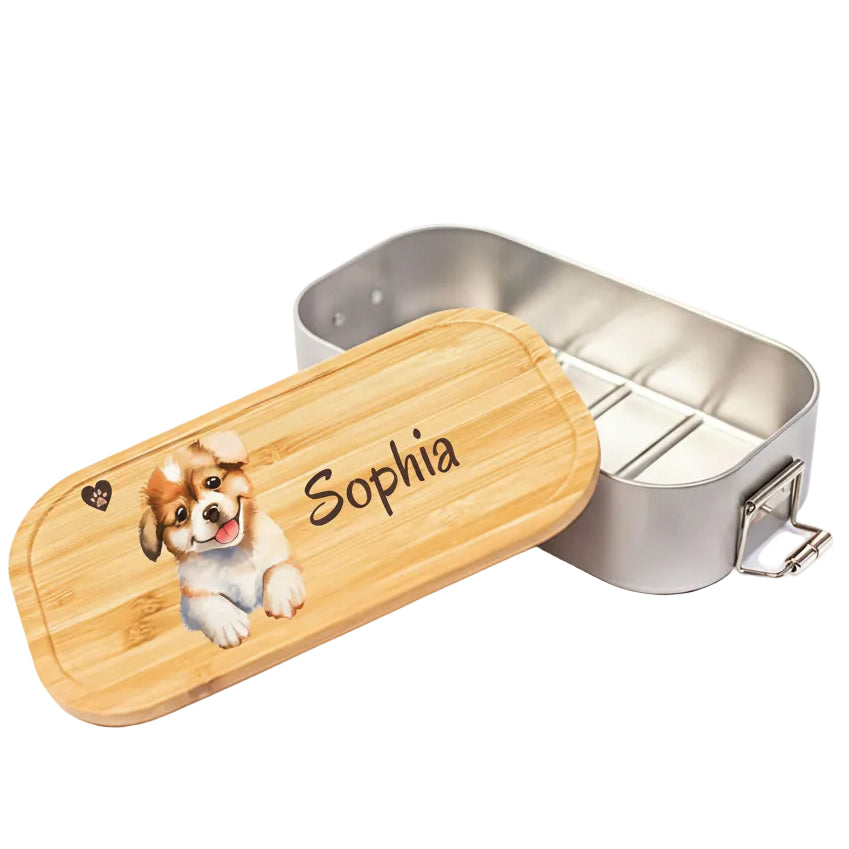 Personalisierte Brotdose Edelstahl Kinder mit Namen | Hund Lunchbox Kindergarten & Schule
