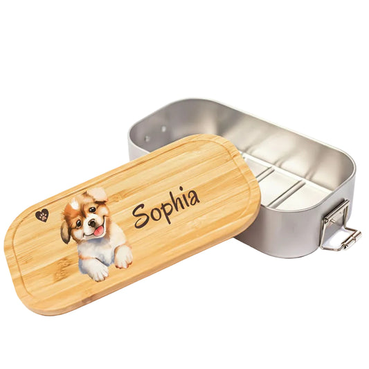 Personalisierte Brotdose Edelstahl Kinder mit Namen | Hund Lunchbox Kindergarten & Schule