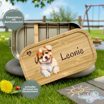 Personalisierte Brotdose Edelstahl Kinder mit Namen | Hund Lunchbox Kindergarten & Schule
