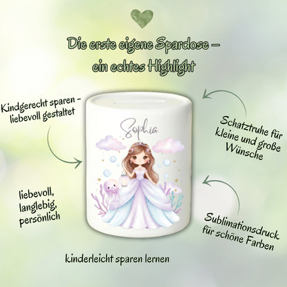 Spardose Mädchen personalisiert mit Namen | Kinderspardose Einhorn Prinzessin | Geschenk Geburt Taufe Geburtstag