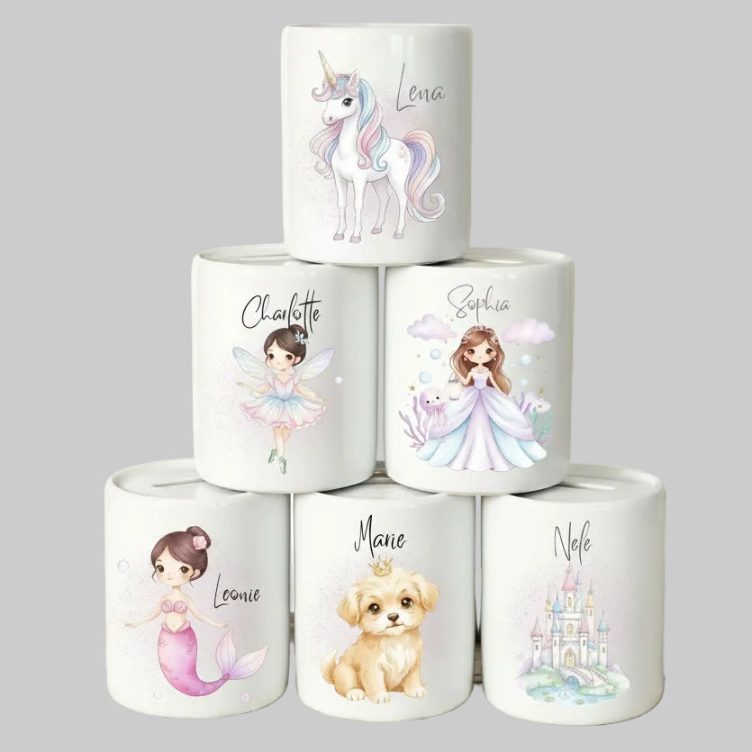 Spardose Mädchen personalisiert mit Namen | Kinderspardose Einhorn Prinzessin | Geschenk Geburt Taufe Geburtstag