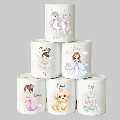 Spardose Mädchen personalisiert mit Namen | Kinderspardose Einhorn Prinzessin | Geschenk Geburt Taufe Geburtstag