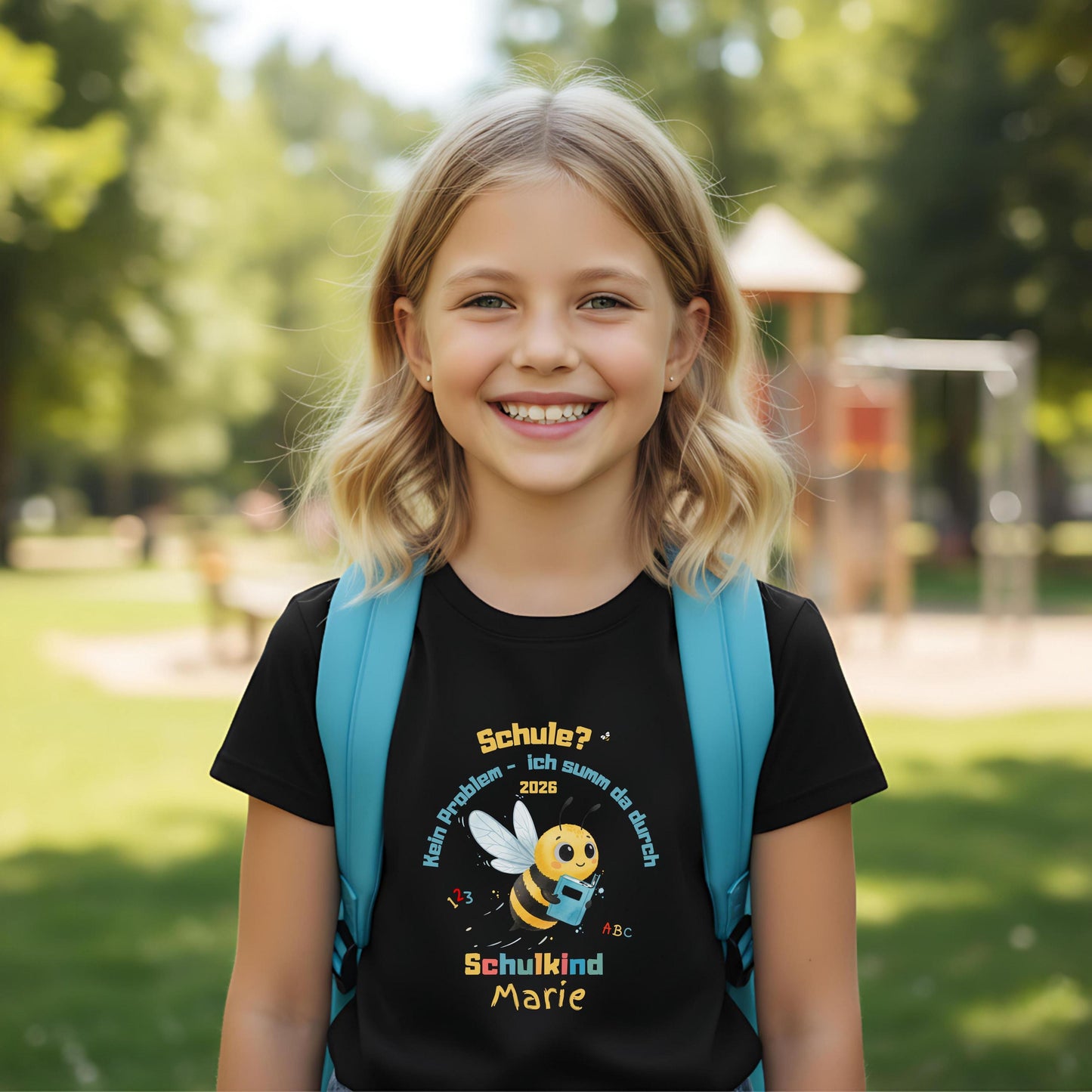 Personalisiertes Schulkind T-Shirt 2026 mit lustigem Bienen-Motiv und Spruch „Schule? Kein Problem – ich summ da durch“. Einschulungsshirt mit Name für Jungen & Mädchen, perfekt für den ersten Schultag. Einschulung Geschenk, Schulanfang Shirt, Erstklässler Outfit oder T-Shirt zur Einschulungsfeier. Schulkind T-Shirt 2026 aus Bio-Baumwolle, ideal für Einschulung 2026, Tschüss Kindergarten, Schultüte Geschenk und Kita Abschied. Einschulungsgeschenk mit Humor & Herz.