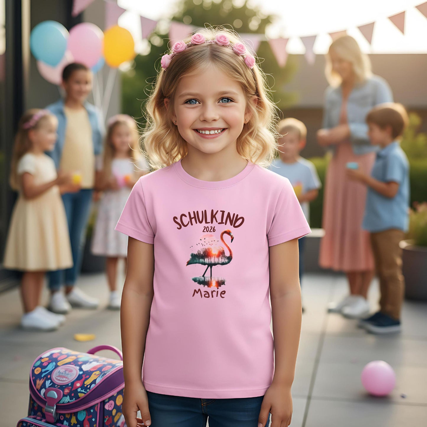 Personalisiertes Schulkind T-Shirt 2026 mit Flamingo-Motiv. Einschulungsshirt für Mädchen zum ersten Schultag, individuell mit Name bedruckt. Perfekt als Geschenk zur Einschulung 2026, für Schulanfang, Kita Abschied, Bye Bye Kindergarten oder als Schulkind Outfit für Erstklässler. Weiches Bio-Baumwollshirt, ideal für Einschulungsfeier oder als Überraschung in der Schultüte. Einschulungsgeschenk für Mädchen mit Stil und Herz. T-Shirt Schulkind Flamingo Einschulungsshirt T-Shirt Einschulung 2026