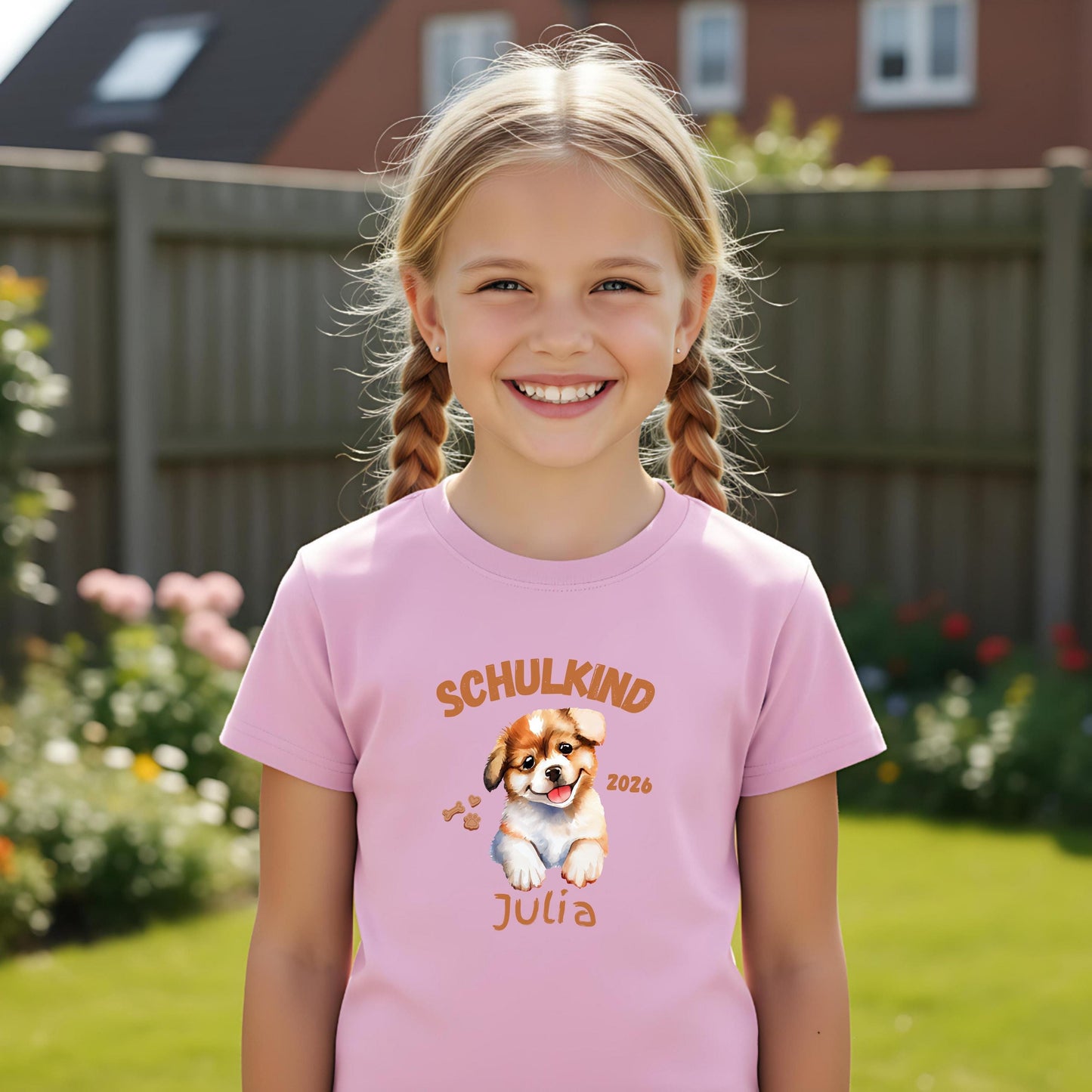 Personalisiertes Schulkind T-Shirt 2026 mit süßem Hundemotiv, ideal als Geschenk zur Einschulung für Mädchen und Jungen. Einschulungsshirt mit Name, Hund und „Schulkind 2026“ Schriftzug. Perfekt für den ersten Schultag, Abschied vom Kindergarten, Einschulungsfeier oder als Teil der Schultüte. T-Shirt zur Einschulung für Hundefans und Tierfreunde. Bio-Baumwoll Shirt für Erstklässler als Einschulungsgeschenk, Schulstart Outfit oder Erinnerung an den Schulanfang 2026. T-Shirt Schulkind Hund