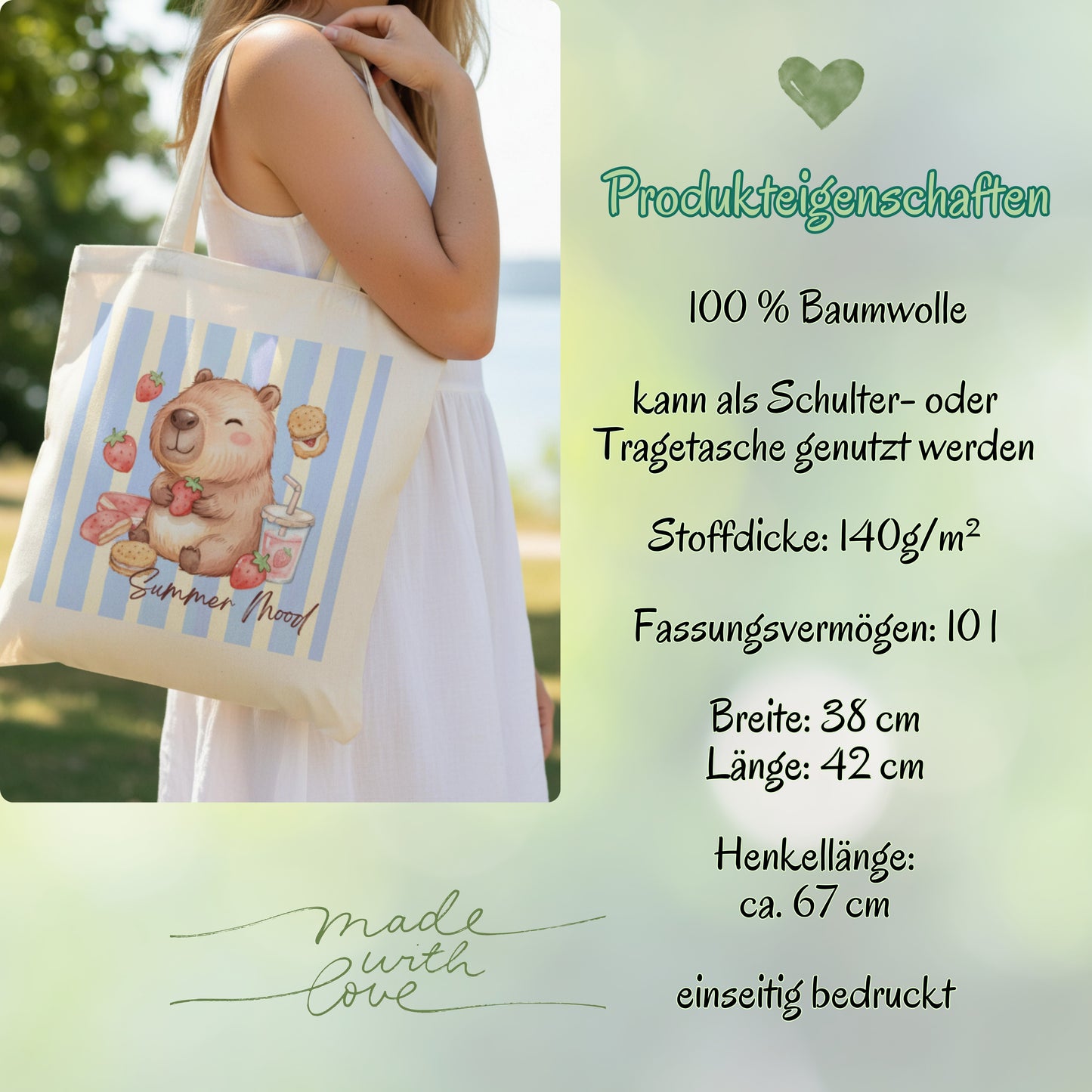 Capybara Stofftasche aus hochwertiger Baumwolle mit niedlichem Capybara zwischen Erdbeeren im sommerlichen Streifen-Design. Süßer Stoffbeutel Damen als Einkaufstasche, Tragetasche oder Baumwolltasche für Alltag, Shopping, Urlaub und Freizeit. Perfekt als Capybara Tasche, Capybara Geschenk oder Geschenk für Capybara Fans und Tierliebhaber. Robuster Stoffbeutel mit hochwertigem Druck, langen Henkeln und modernem Sommermotiv – ideal als nachhaltige Einkaufstasche für Frauen und Jugendliche.
