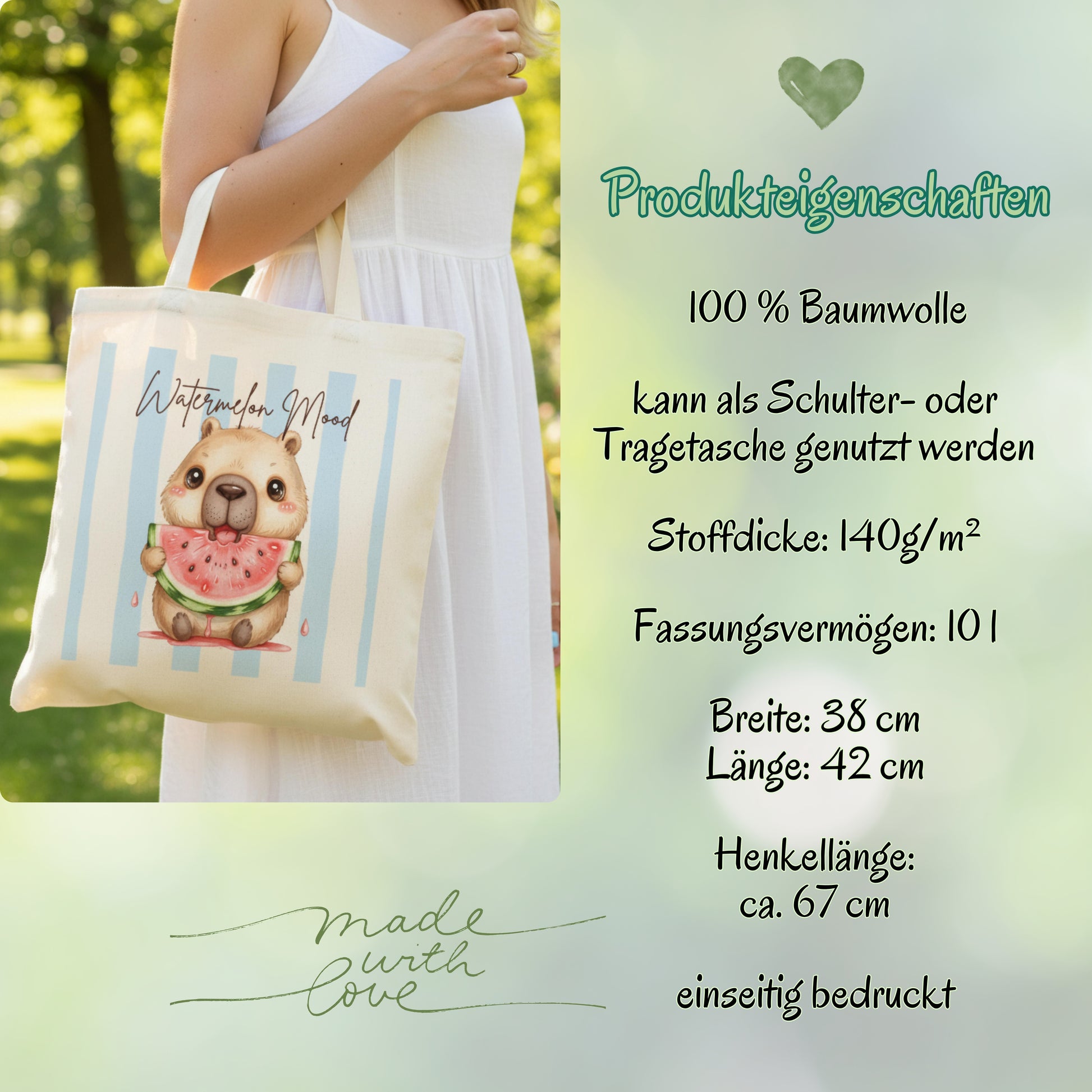 Capybara Stofftasche aus hochwertiger Baumwolle mit niedlichem Capybara und saftiger Wassermelone im sommerlichen Streifen-Design. Süßer Stoffbeutel Damen als Einkaufstasche, Tragetasche oder Baumwolltasche für Alltag, Shopping, Urlaub und Freizeit. Perfekt als Capybara Tasche, Capybara Geschenk oder Geschenk für Capybara Fans und Tierliebhaber. Robuster Stoffbeutel mit hochwertigem Druck, langen Henkeln und frischem Sommermotiv – ideal als nachhaltige Einkaufstasche für Frauen und Jugendliche.