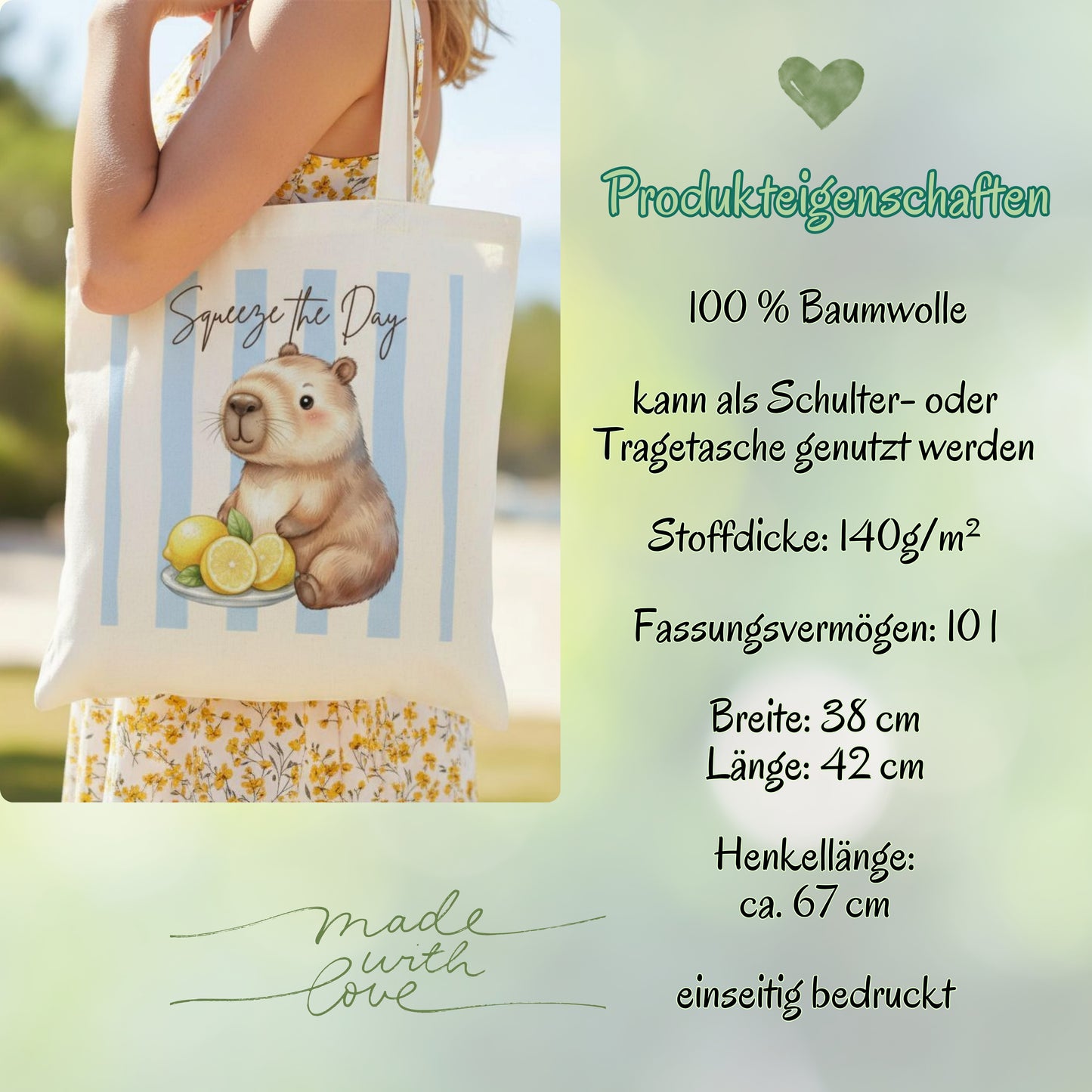 Capybara Stofftasche aus hochwertiger Baumwolle mit niedlichem Capybara und frischen Zitronen im sommerlichen Streifen-Design. Der Stoffbeutel zeigt den Spruch „Squeeze the Day“ und eignet sich als Einkaufstasche, Tragetasche oder Baumwolltasche für Alltag, Shopping, Urlaub und Freizeit. Perfekt als Capybara Tasche, Capybara Geschenk oder Geschenk für Capybara Fans und Tierliebhaber. Robuster Stoffbeutel mit hochwertigem Druck, langen Henkeln und Sommermotiv, ideal als nachhaltige Einkaufstasche