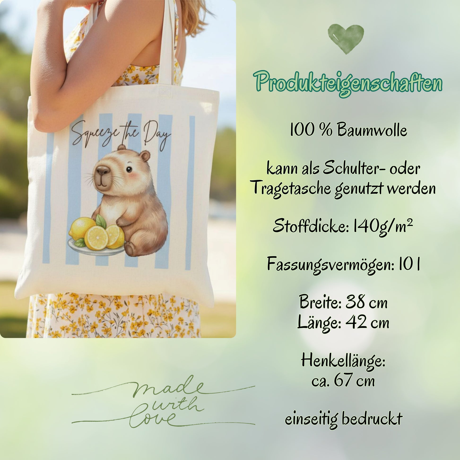 Capybara Stofftasche aus hochwertiger Baumwolle mit niedlichem Capybara und frischen Zitronen im sommerlichen Streifen-Design. Der Stoffbeutel zeigt den Spruch „Squeeze the Day“ und eignet sich als Einkaufstasche, Tragetasche oder Baumwolltasche für Alltag, Shopping, Urlaub und Freizeit. Perfekt als Capybara Tasche, Capybara Geschenk oder Geschenk für Capybara Fans und Tierliebhaber. Robuster Stoffbeutel mit hochwertigem Druck, langen Henkeln und Sommermotiv, ideal als nachhaltige Einkaufstasche
