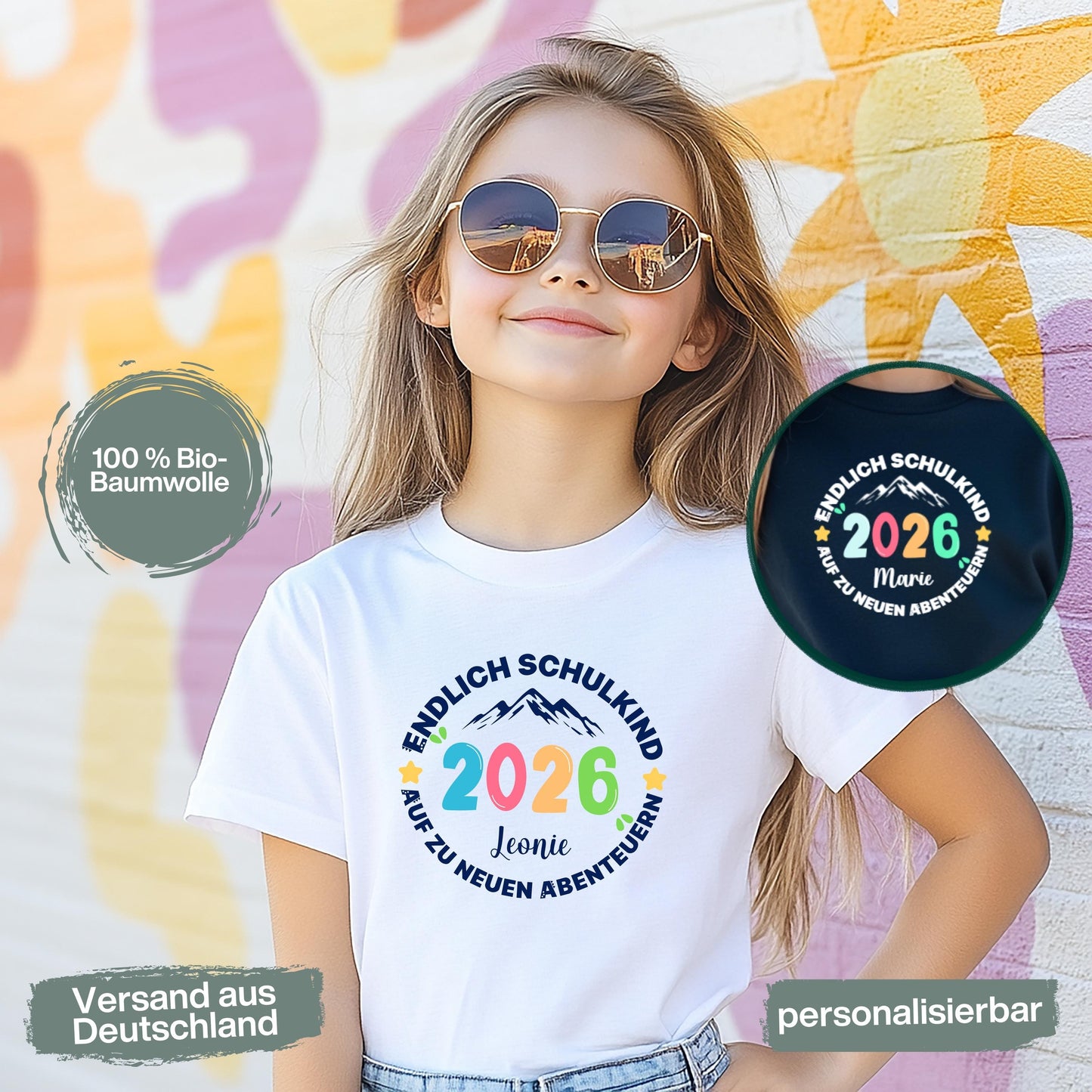 Cooles Schulkind T-Shirt 2026 mit Abenteuer Motiv, perfekt für Jungen und Mädchen zur Einschulung. Ideal als Geschenk zum Schulanfang für Kinder, die mit Stil in die 1. Klasse starten. Das T-Shirt zur Einschulung besteht aus 100 % Bio-Baumwolle und kann mit Namen personalisiert werden. Perfekt als Einschulung Shirt Junge, T-Shirt endlich Schulkind, Geschenk Einschulung Kind, T-Shirt für Erstklässler oder Bye Bye Kindergarten Geschenk. Dieses Einschulungsshirt bringt Vorfreude auf den Schulstart