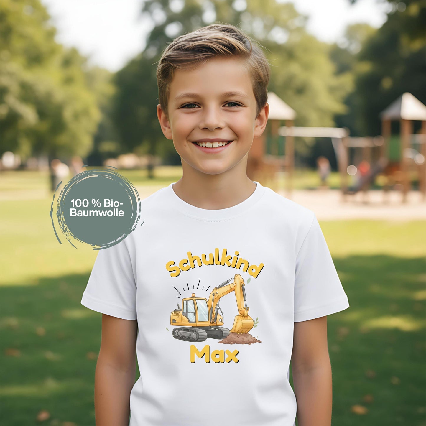 Schulkind T-Shirt 2026 mit Bagger-Motiv, perfekt als Geschenk zur Einschulung für Jungen, die Baustellen und Baumaschinen lieben. Einschulungsshirt mit personalisierbarem Namen, ideal für den Schulanfang, das erste Klassenfoto oder die Einschulungsfeier. Hochwertiges T-Shirt für Erstklässler aus 100 % Bio-Baumwolle – weich, bequem und langlebig. Schulstart T-Shirt für kleine Bauarbeiter – stark, mutig und bereit für die 1. Klasse. Einschulung 2026 Geschenkidee mit Bagger für Jungen.