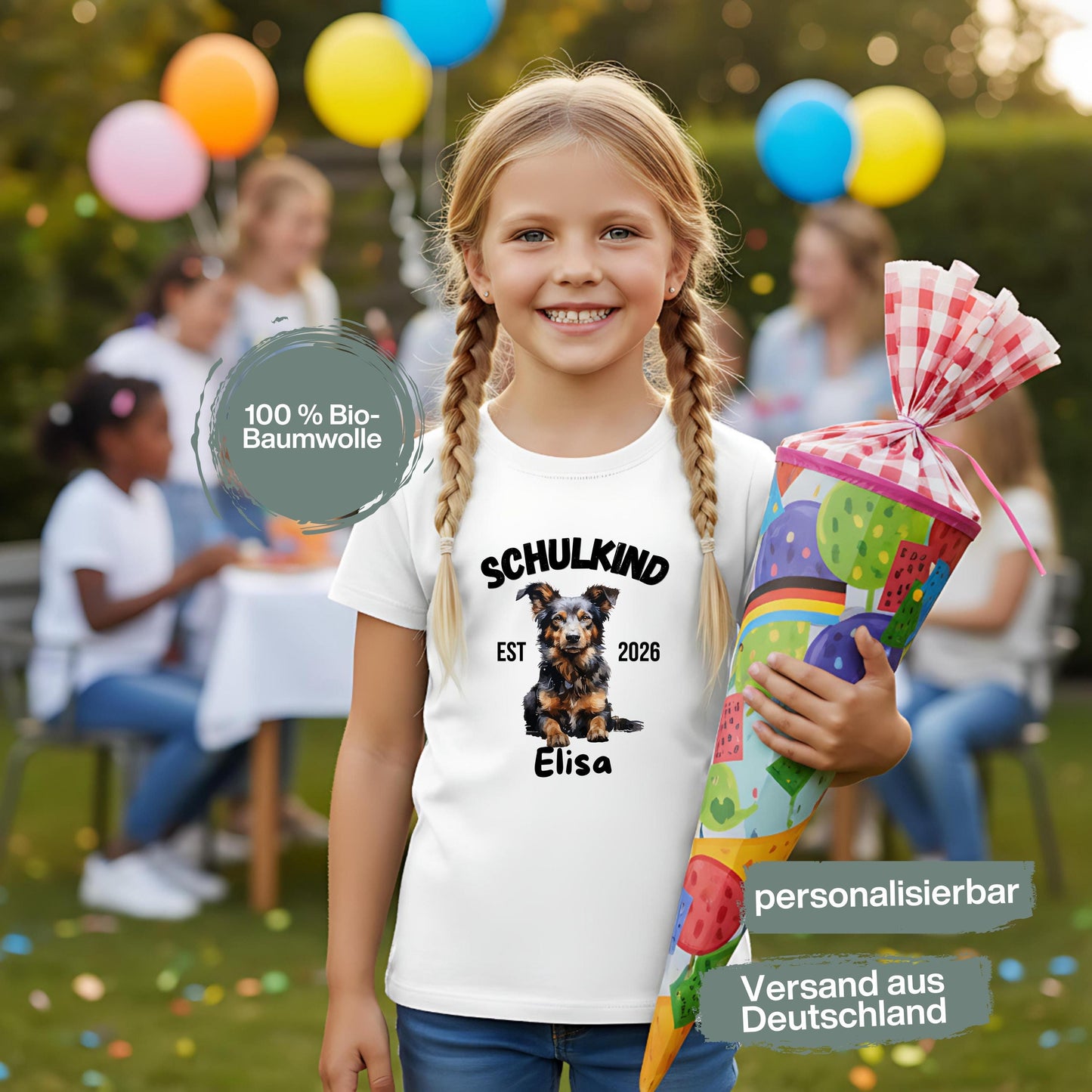 Personalisiertes Schulkind T-Shirt 2026 mit süßem Hundemotiv – perfekt als Geschenk zur Einschulung. Einschulungsshirt für Jungen und Mädchen zur Einschulungsfeier, zum ersten Schultag oder als Tschüss Kindergarten T-Shirt. Ideal als Schulanfang Geschenk, Erstklässler T-Shirt oder Shirt für Bye Bye Kindergarten. Schulkind T-Shirt mit Name oder ohne – für Einschulung 2026, Schulstart, Schultüte und Kita Abschied. T-Shirt Schulkind Hund Einschulungsshirt | T-Shirt Einschulung 2026 personalisiert