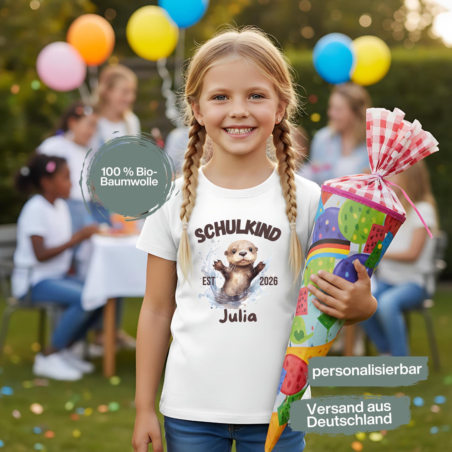 Personalisiertes Schulkind T-Shirt 2026 mit süßem Ottermotiv, perfekt als Geschenk zur Einschulung. Bio-Baumwolle, Unisex-Schnitt für Jungen und Mädchen. Ideal als T-Shirt Schulanfang, T-Shirt Einschulung oder Erstklässler T-Shirt. Hochwertiges Einschulungsshirt mit Name oder ohne. Passend für Einschulung 2026, Schulanfang Geschenk, Einschulungsgeschenk oder Kita Abschied. Einschulung T-Shirt mit Motiv – liebevoll, einzigartig, bequem. Ein besonderes Geschenk zur Einschulung für Schulanfänger.