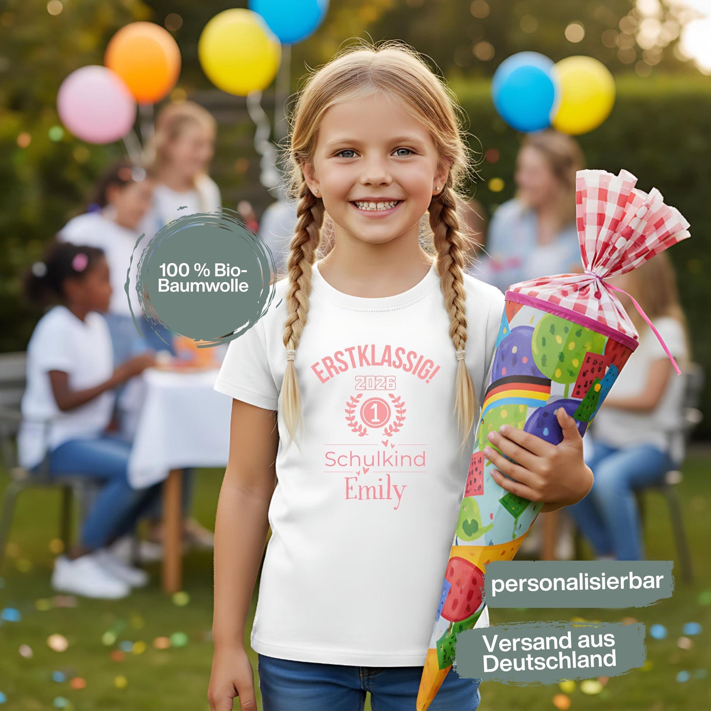 Personalisiertes Schulkind T-Shirt 2026 für Mädchen mit rosa Motiv „Erstklassig“, Einschulungsshirt mit Name, Bio-Baumwolle, perfekt als Geschenk zum Schulanfang 2026. Schulkind Shirt 1. Klasse, T-Shirt zur Einschulung, Zuckertüte Geschenk Mädchen, Erstklässler T-Shirt mit Jahreszahl, Lorbeerkranz und Zahl 1. Ideal als Einschulungsgeschenk, Abschied Kindergarten, Schulkind Outfit 2026 für Mädchen, T-Shirt Einschulungsfeier, Schulstart Kleidung mit Namen Erstklassig Schulkind T-Shirt 2026 Mädchen