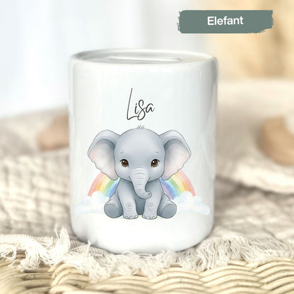 Spardose Tiere personalisiert mit Namen | Kinderspardose Löwe Giraffe Bär | Geschenk Geburt Taufe Geburtstag