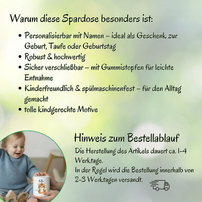 Spardose Tiere personalisiert mit Namen | Kinderspardose Löwe Giraffe Bär | Geschenk Geburt Taufe Geburtstag