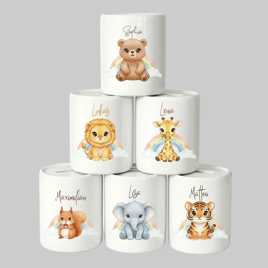 Spardose Tiere personalisiert mit Namen | Kinderspardose Löwe Giraffe Bär | Geschenk Geburt Taufe Geburtstag