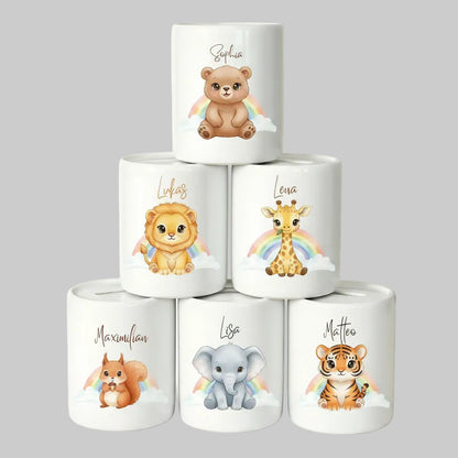 Spardose Tiere personalisiert mit Namen | Kinderspardose Löwe Giraffe Bär | Geschenk Geburt Taufe Geburtstag