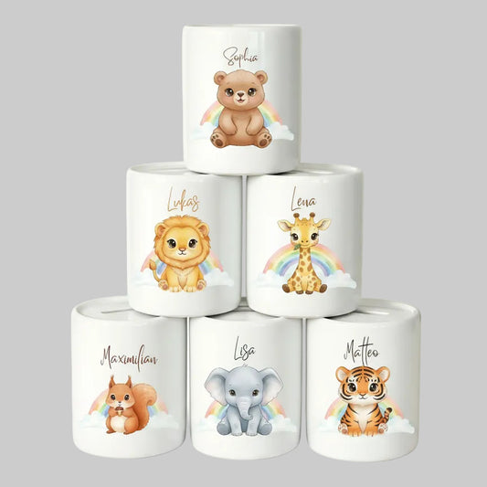 Spardose Tiere personalisiert mit Namen | Kinderspardose Löwe Giraffe Bär | Geschenk Geburt Taufe Geburtstag