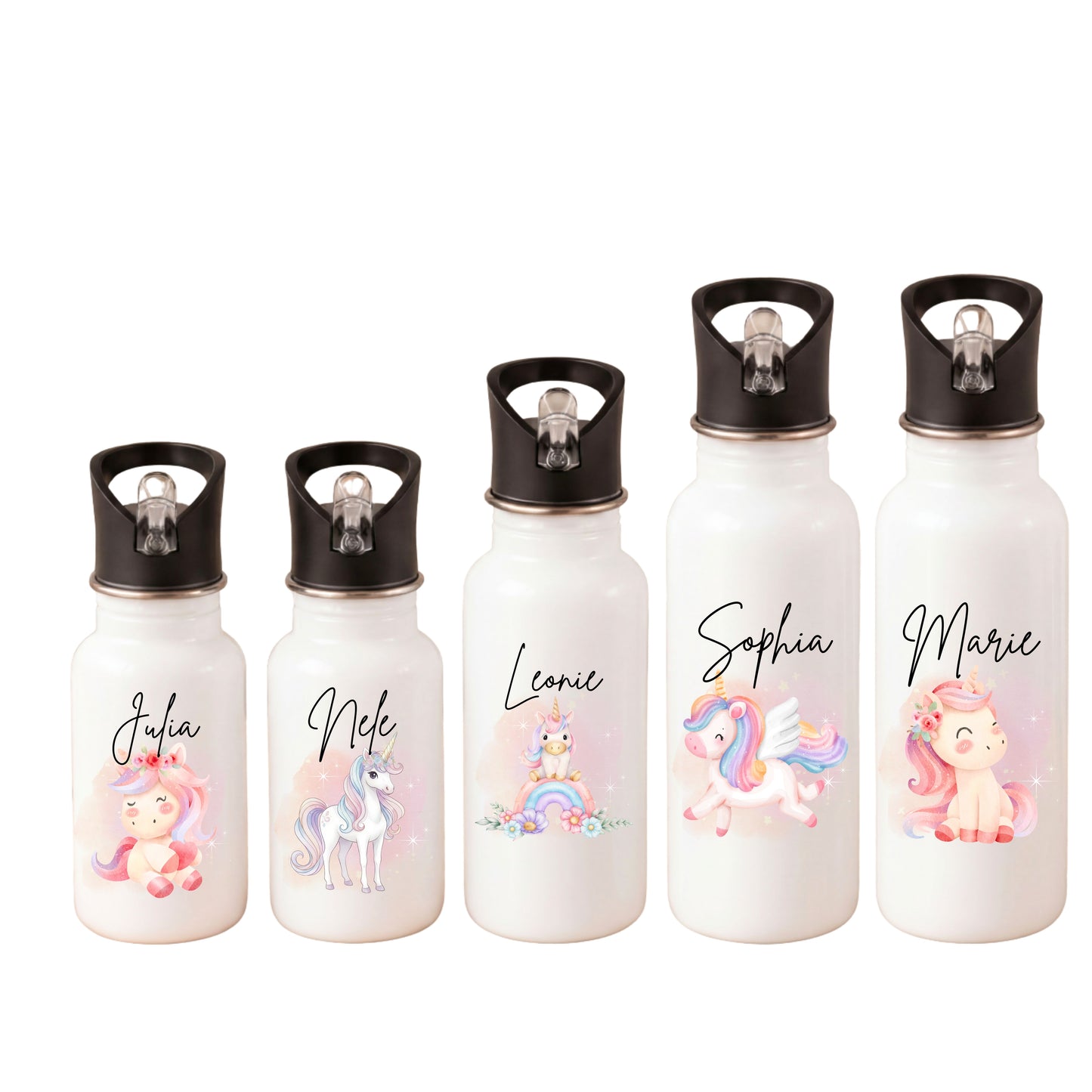 Einhorn Trinkflasche Kinder personalisiert mit Namen | Edelstahl Kinder Trinkflasche mit Strohhalm