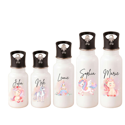 Einhorn Trinkflasche Kinder personalisiert mit Namen | Edelstahl Kinder Trinkflasche mit Strohhalm
