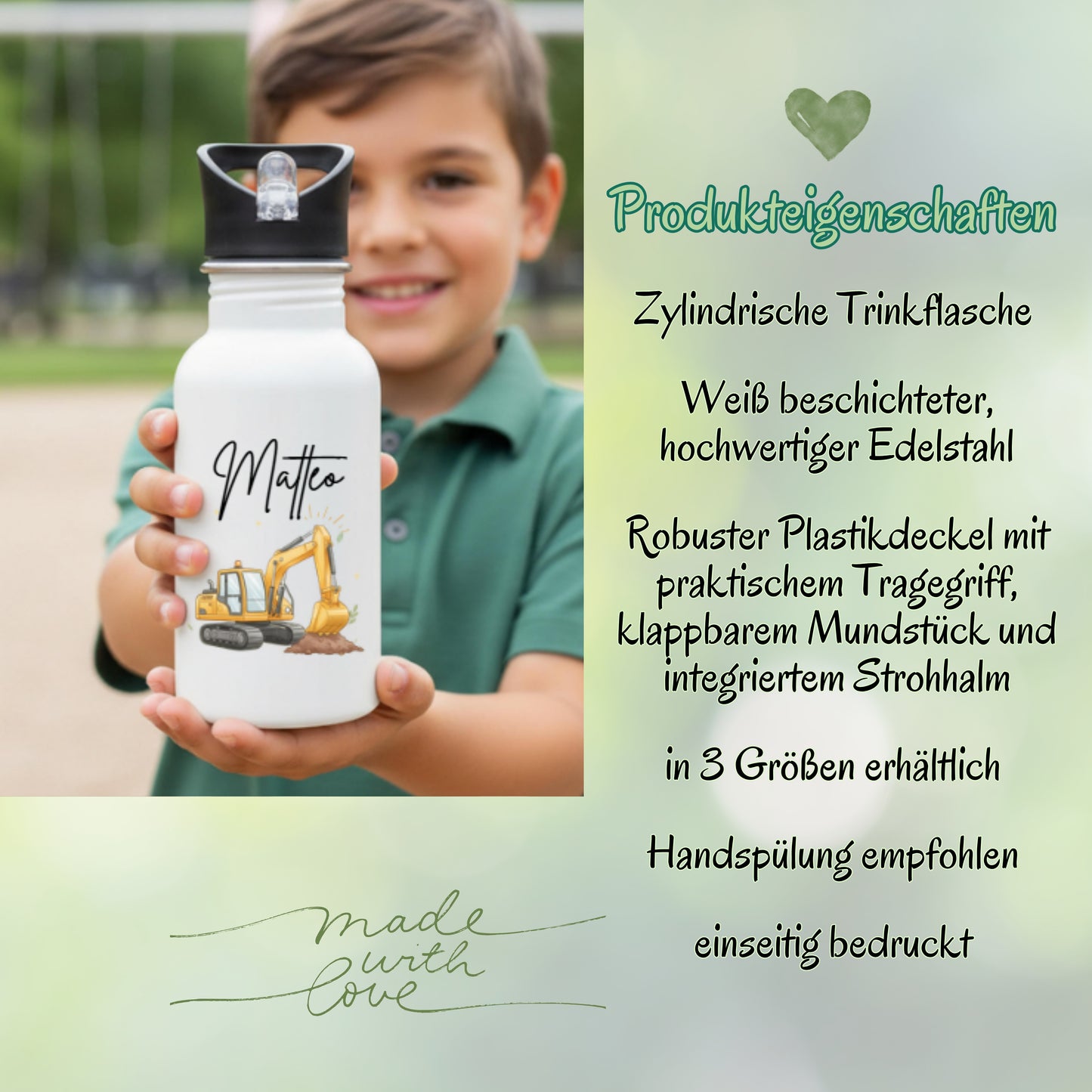 Trinkflasche Kinder personalisiert mit Namen und Fahrzeugen | Edelstahl Kinder Trinkflasche mit Strohhalm