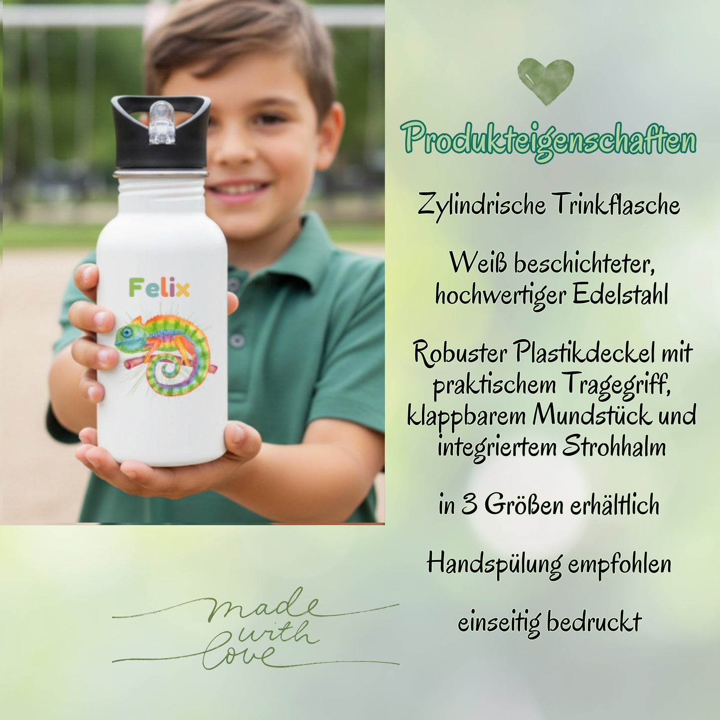 Trinkflasche Kinder personalisiert mit Namen mit Tieren | Edelstahl Kinder Trinkflasche mit Strohhalm