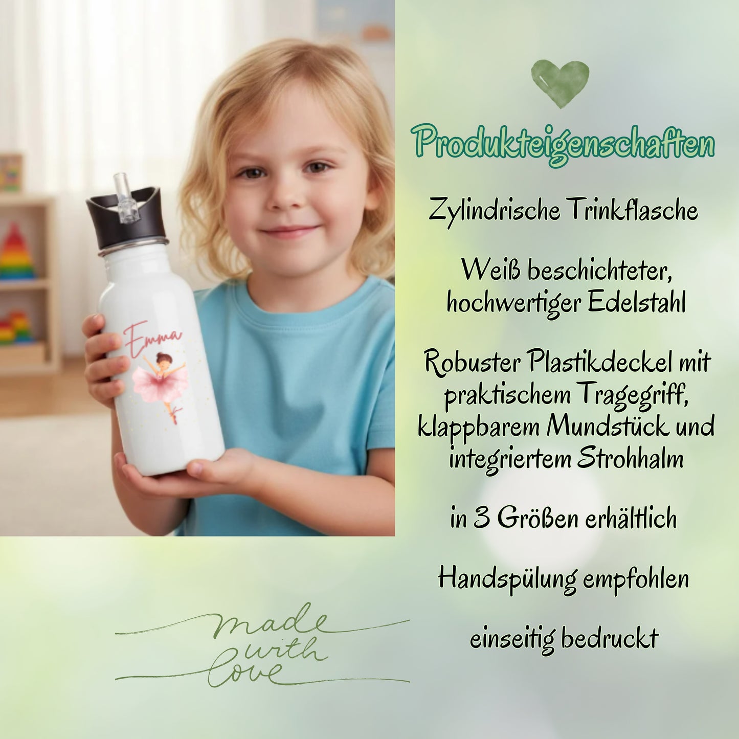 Trinkflasche Kinder personalisiert mit Namen | Prinzessin Meerjungfrau Ballerina Fee | Edelstahl Kinder Trinkflasche mit Strohhalm