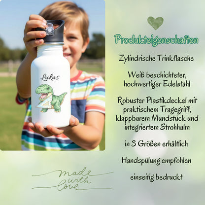 Trinkflasche Kinder personalisiert mit Namen | Dino Axolotl Löwe Einhorn Pferde | Edelstahl Kinder Trinkflasche mit Strohhalm