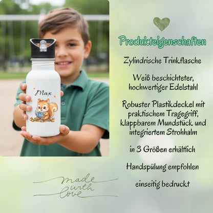 Personalisierte Trinkflasche Kinder mit Namen | Fuchs & Eichhörnchen Edelstahl Kinder Trinkflasche mit Strohhalm | Kindergarten Schule
